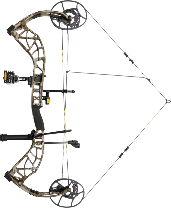 The Adapt 2 HP RTH, a 32-inch draw compound bow, shown at full draw in Mossy Oak Bottomland.
