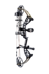 Bear Cruzer G4 RTH compact bow facing left in color Mossy Oak Roots with ready to hunt accessories from Trophy Ridge.