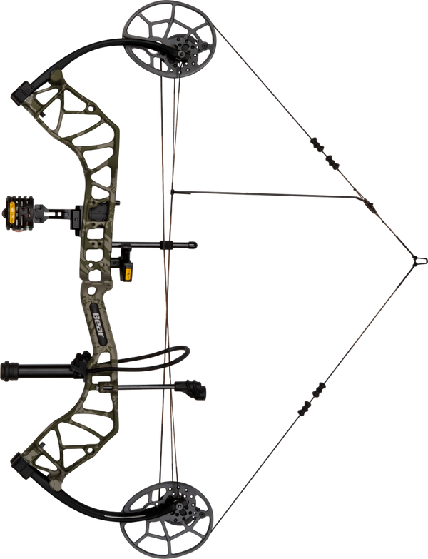 Bear Legit Maxx RTH adjustable compound bow in Veil Rush at full draw.