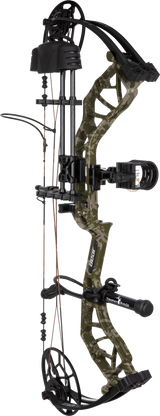 Bear Legit MAXX in color Veil Rush with ready-to-hunt package includes sight, rest, quiver, and stabilizer included.