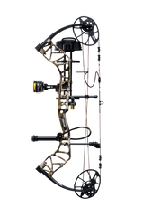 Full view of the Bear Legit Maxx RTH adjustable compound bow in color Mossy Oak Bottomland on transparent background.