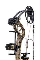 Close-up of the Bear Archery Legit MAXX dual cam system and ready-to-hunt accessories on Mossy Oak Bottomland bow.