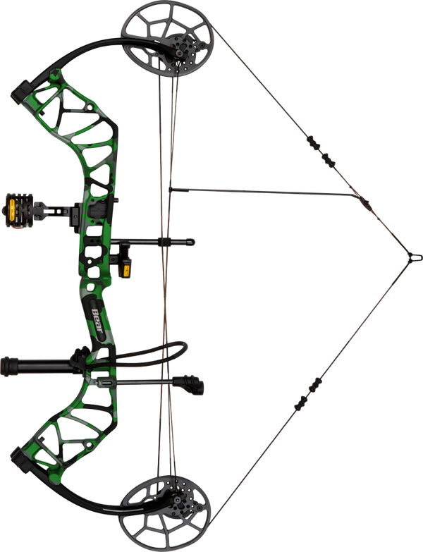 Bear Legit Maxx RTH adjustable compound bow in Fred Bear Electric at full draw.