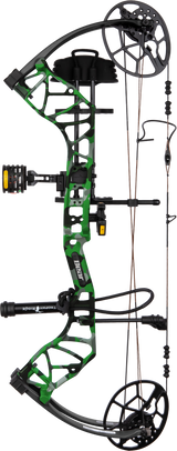 Right facing Bear Legit Maxx RTH adjustable compound bow in color Fred Bear Electric.