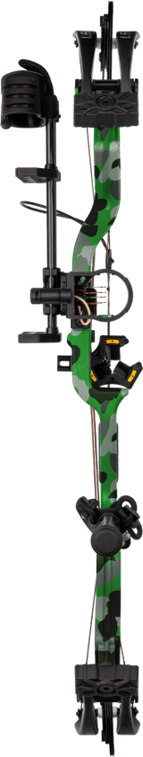 Front view of the Bear Legit Maxx RTH adjustable compound bow in color Fred Bear Electric.