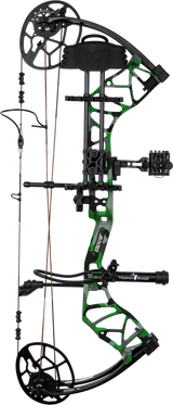 Full view of the Bear Legit Maxx RTH adjustable compound bow in color Fred Bear Electric.