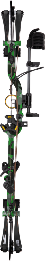Back profile of the Bear Legit Maxx RTH adjustable compound bow in color Fred Bear Electric.