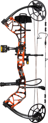 Side profile of the Bear Archery Legit MAXX compound bow in color Fred Bear Fire showing dual cam system and compact riser.