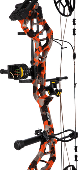Close up image of the bow sight, arrow rest, stabilizer, and wrist sling on the Bear Legit MAXX RTH adjustable compound bow.