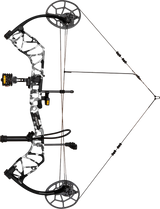 Bear Archery Legit MAXX compound bow in Fred Bear Whiteout, featuring adjustable draw length and lightweight design at full draw.