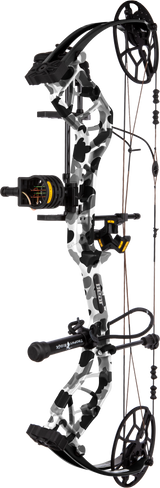 Bear Legit Maxx RTH adjustable compound bow in Fred Bear Whiteout on transparent background for online store listing.