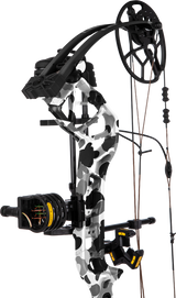 Close up of the cam system and limbs on the Bear Legit Maxx RTH adjustable compound bow in color Fred Bear Whiteout.