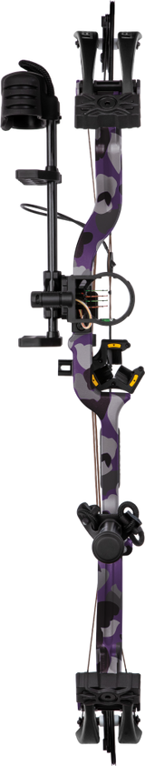 Front image of the Bear Legit Maxx RTH adjustable compound bow in color Fred Bear Twilight on transparent background.