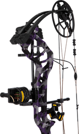 Close up of the cam system and limbs on the Bear Legit Maxx RTH adjustable compound bow in color Fred Bear Twilight.