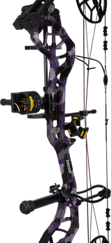 Close up of the ready-to-hunt accessories and riser on the Bear Legit Maxx RTH Compound Bow in color Fred Bear Twilight camo.
