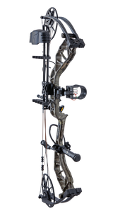 Bear Legit MAXX in color Mossy Oak Roots with ready-to-hunt package includes sight, rest, quiver, and stabilizer included.