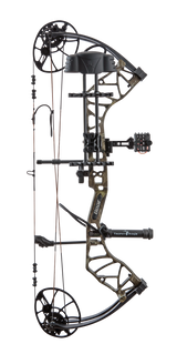 Bear Legit Maxx RTH adjustable compound bow facing right in color Mossy Oak Roots.
