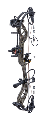 Bear Archery Legit MAXX ready-to-hunt package with sight, rest, quiver, and stabilizer included in color Mossy Oak Roots.