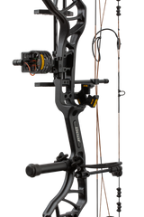 Close up of the bow sight, arrow rest, stabilizer, and wrist sling on the Bear Legit MAXX RTH adjustable compound bow on Black riser.