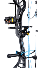 Close up image of the bow sight, arrow rest, stabilizer, and wrist sling on the Bear Legit MAXX RTH adjustable compound bow on Inspire riser.