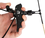 Someone holding the 4 Finger Precise Pro Bow Release, a thumb button release, hooked to a d-loop.