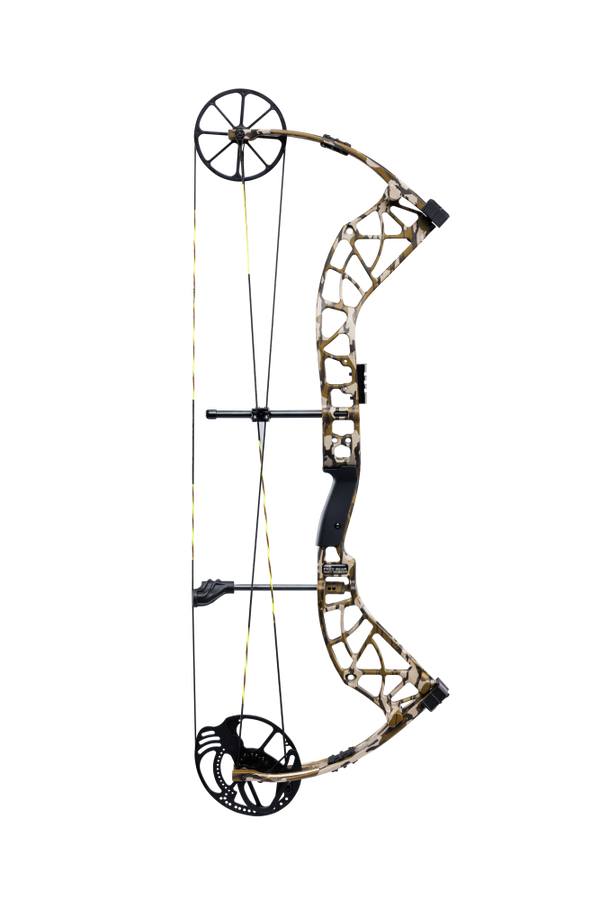 Side view of Bear Archery Adapt 2 hunting bow in color Mossy Oak Bottomland highlighting its single cam system.