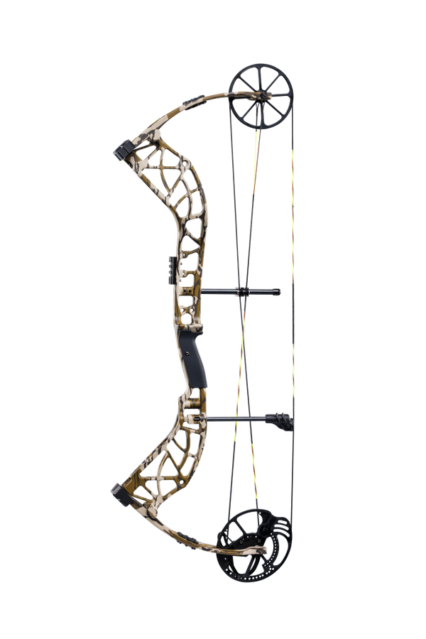 Side view of Bear Archery Adapt 2 hunting bow in color Mossy Oak Bottomland highlighting its single cam system.