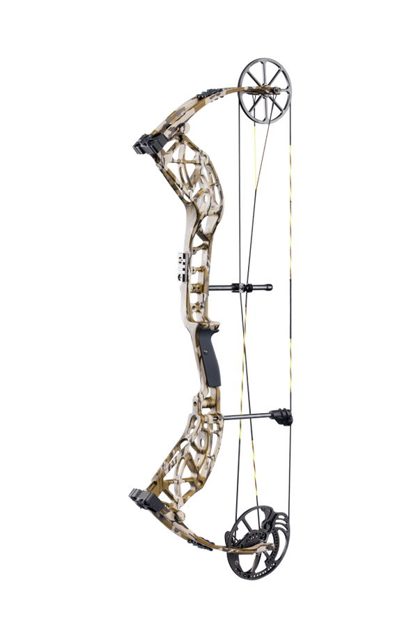 Side view of Bear Archery Adapt 2 compound bow in color Mossy Oak Bottomland showcasing its single cam system.