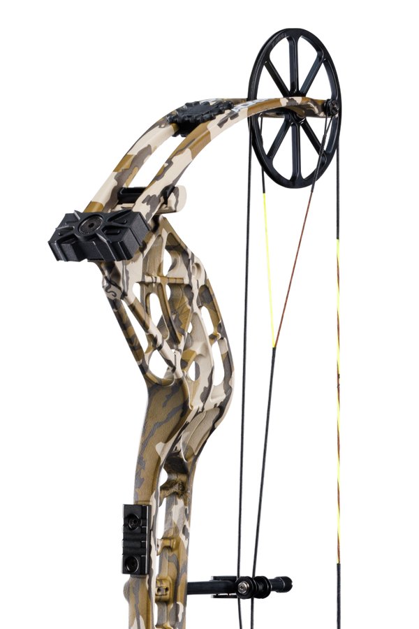 Close up of the Bear Archery Adapt 2 hunting bow limbs and single cam system.