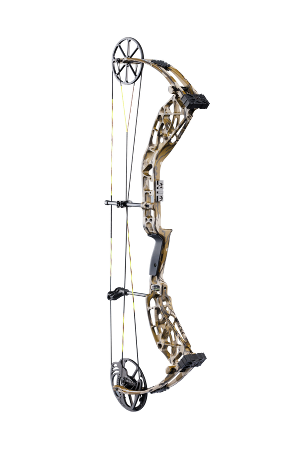Side view showcasing Bear Archery Adapt 2 single cam bow in color Mossy Oak Bottomland.
