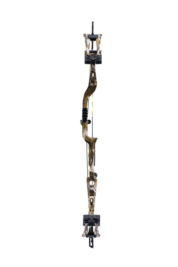 Front view of the Bear Archery Adapt 2 hunting bow with a 31” axel-to-axel and a sleek modern finish in color Mossy Oak Bottomland.