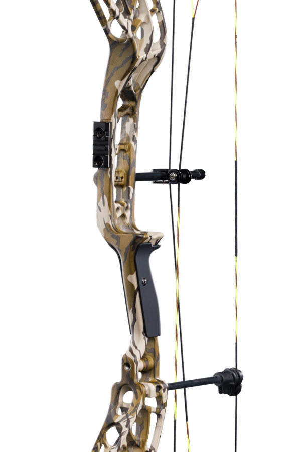 Close up of the Integrate Mounting System ® rest and picatinny sight mounting positions on the Bear Archery Adapt 2 bow-only in color Mossy Oak Bottomland.