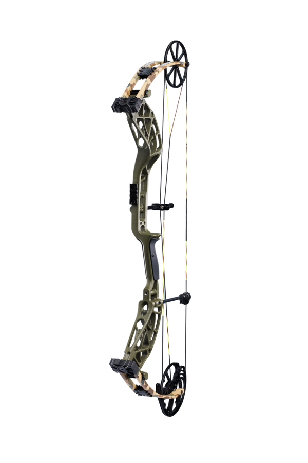 Side view of Bear Archery Adapt 2 hunting bow in color Throwback Green highlighting its single cam system.