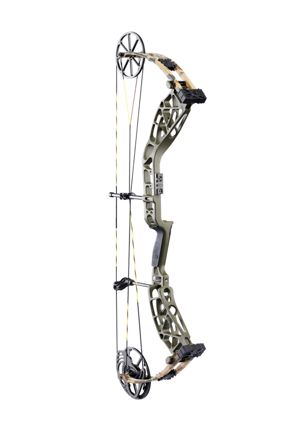 Angled view of the Bear Archery Adapt 2 bow only featuring its 31-inch axel-to-axel length.