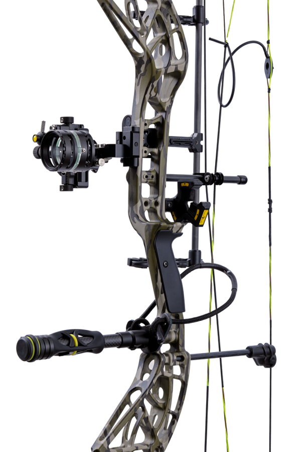 Close up of the Bear Adapt 2 Plus RTH hunting bow riser in color Mossy Oak Bottomland featuring Trophy Ridge ready-to-hunt accessories.