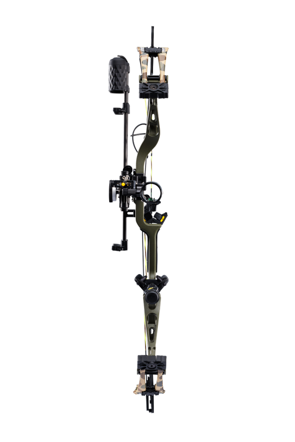 Front view of the Bear Adapt 2 Plus RTH hunting bow with a 31” axel-to-axel and a sleek modern finish in color Throwback Green.