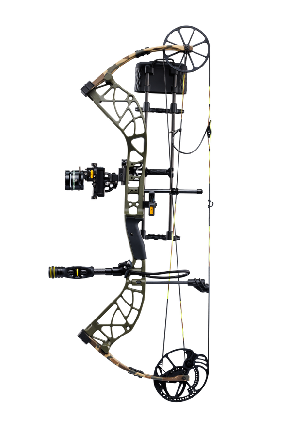 Side view of Bear Adapt 2 Plus RTH compound bow in color Throwback Green showcasing its single cam system and Trophy Ridge ready-to-hunt accessories.