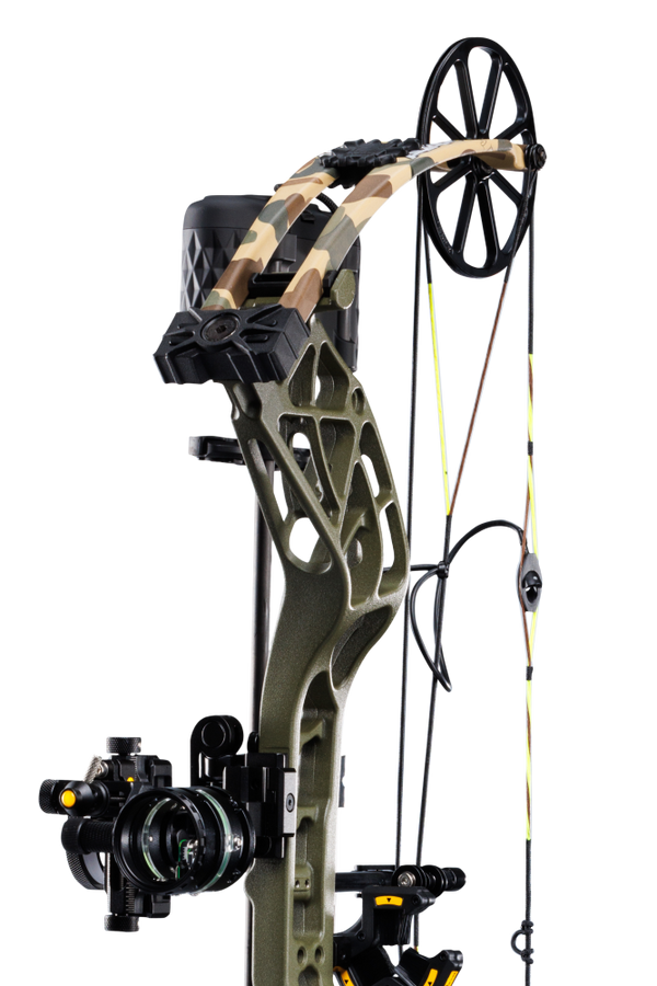 Close up of the Bear Adapt 2 Plus RTH hunting bow limbs and single cam system.