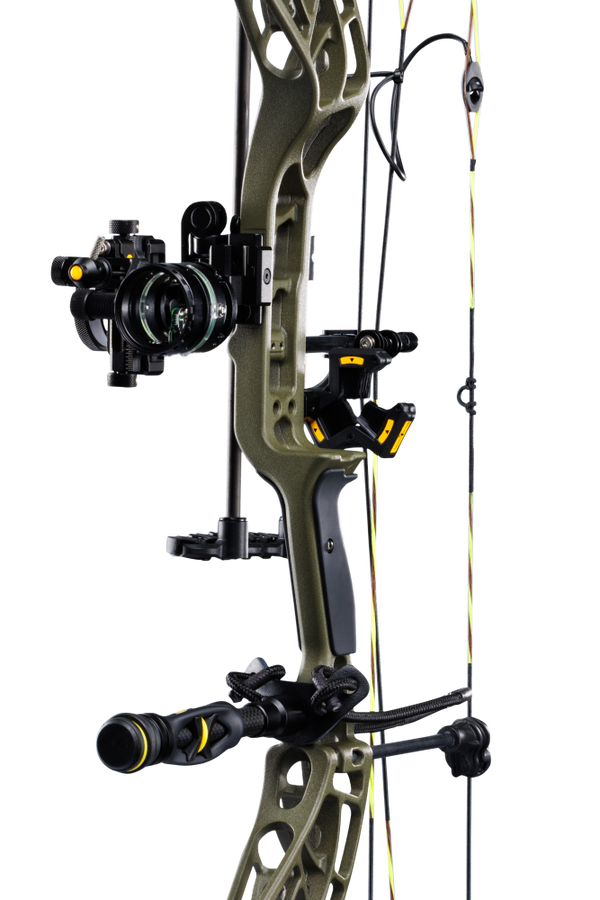 Close up of the Bear Adapt 2 Plus RTH hunting bow riser in color Throwback Green featuring Trophy Ridge ready-to-hunt accessories.
