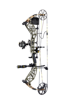 Side view showcasing Bear Adapt 2 Plus RTH hunting bow in color Throwback Green featuring Trophy Ridge accessories: SWFT DUO sight, VRSA Light Quiver, peep sight, d-loop, and Hitman stabilizer