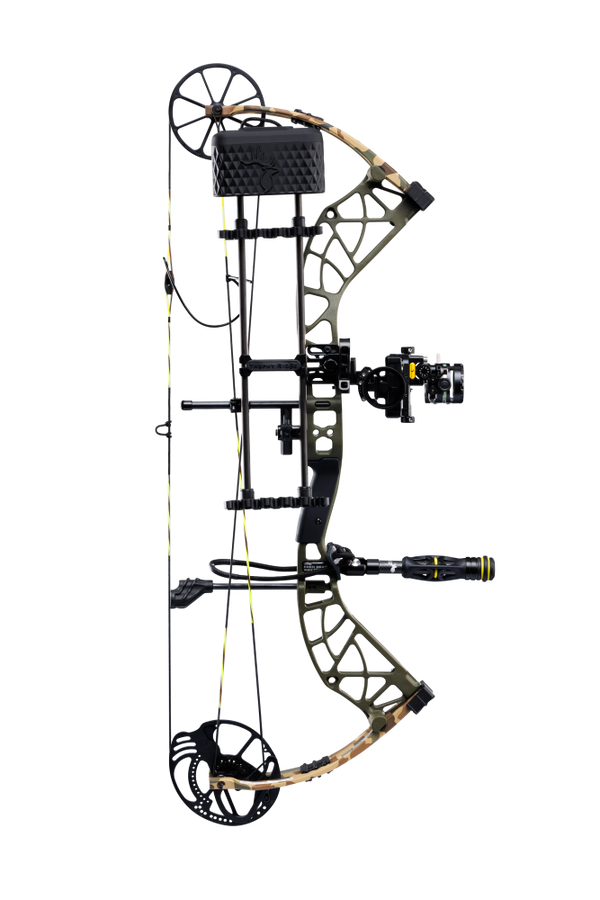 Side view showcasing Bear Adapt 2 Plus RTH hunting bow in color Throwback Green featuring Trophy Ridge accessories: SWFT DUO sight, VRSA Light Quiver, peep sight, d-loop, and Hitman stabilizer
