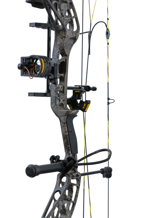 Close up of the Bear Adapt 2 RTH hunting bow riser in color True Timber Strata featuring Trophy Ridge ready-to-hunt accessories.