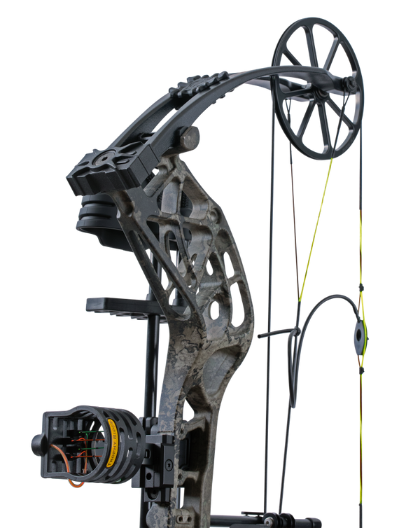 Close up of the Bear Adapt 2 RTH hunting bow limbs and single cam system.