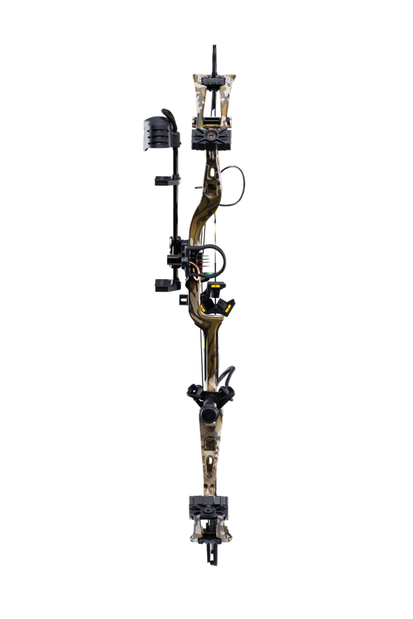 Front view of the Bear Adapt 2 RTH hunting bow with a 31” axel-to-axel and a sleek modern finish in color Mossy Oak Bottomland.