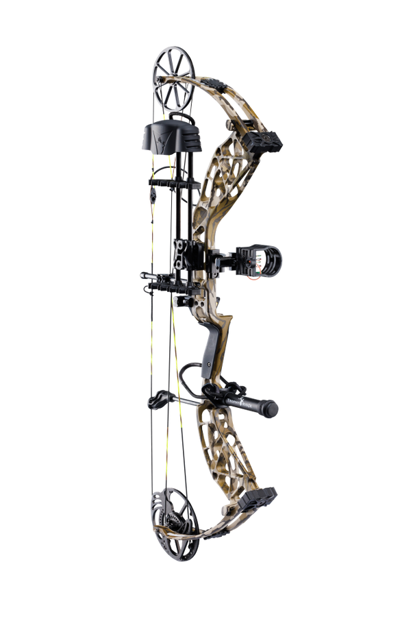 Side view showcasing Bear Adapt 2 RTH hunting bow in color Mossy Oak Bottomland with Trophy Ridge ready-to-hunt accessories.