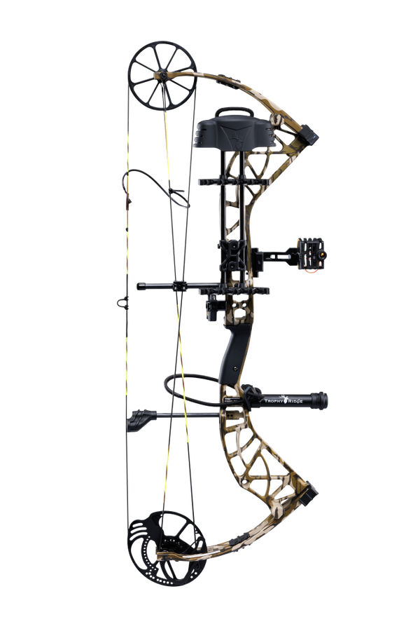 Side view of Bear Adapt 2 RTH hunting bow in color Mossy Oak Bottomland highlighting its single cam system.
