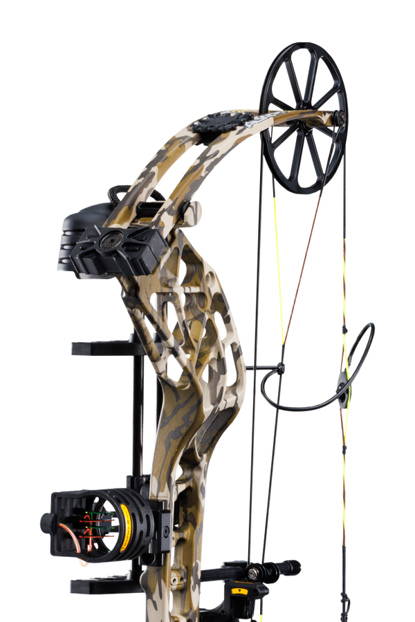 Close up of the Bear Adapt 2 RTH hunting bow limbs and single cam system.