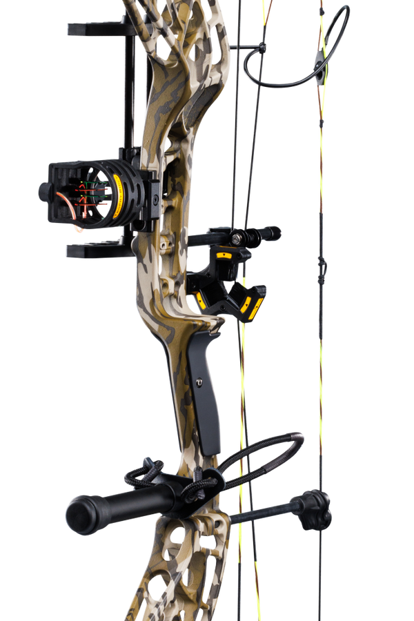 Close up of the Bear Adapt 2 RTH hunting bow riser in color Mossy Oak Bottomland featuring Trophy Ridge ready-to-hunt accessories.
