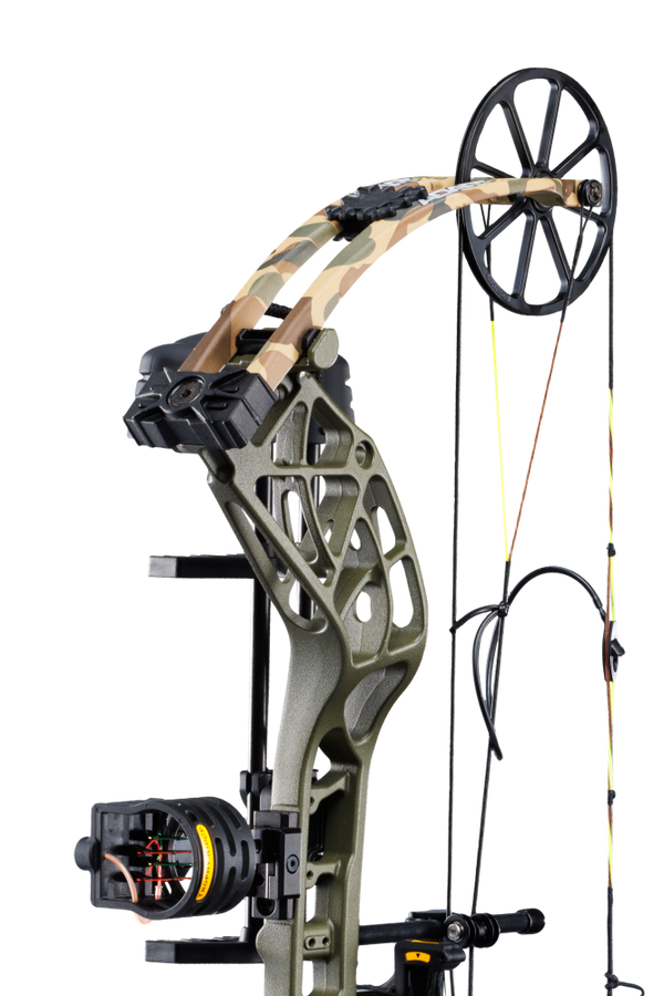 Close up of the Bear Adapt 2 RTH hunting bow limbs and single cam system.
