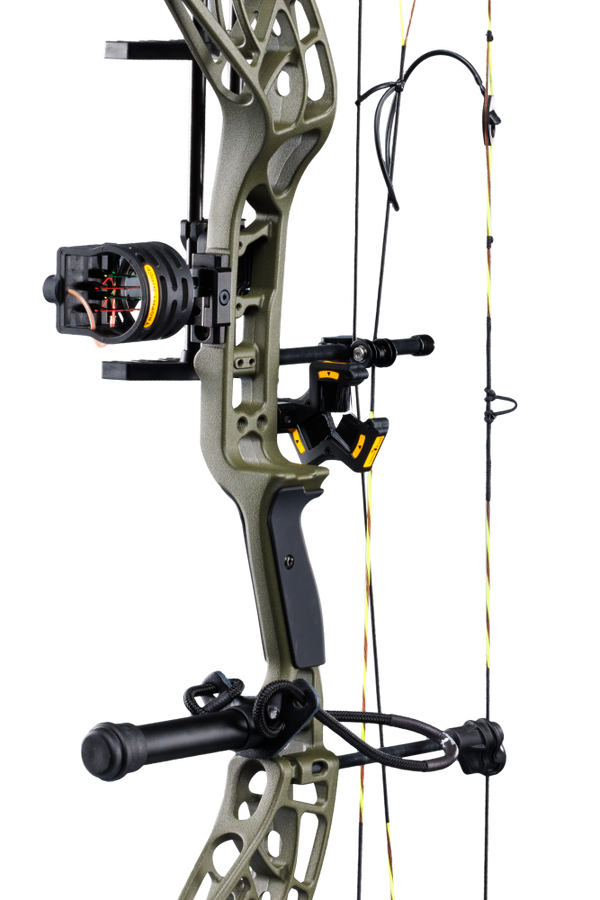 Close up of the Bear Adapt 2 RTH hunting bow riser in color Throwback Green featuring Trophy Ridge ready-to-hunt accessories.
